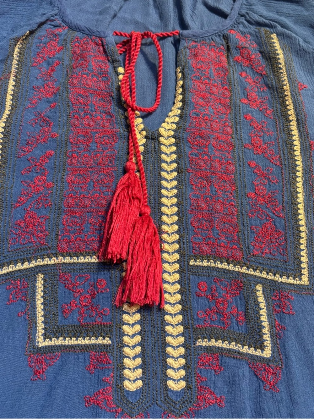 Hazel Boho Top Large Blue Embroidered Peasant Tunic Magenta Tassels 3/4 Sleeves - Picture 10 of 16